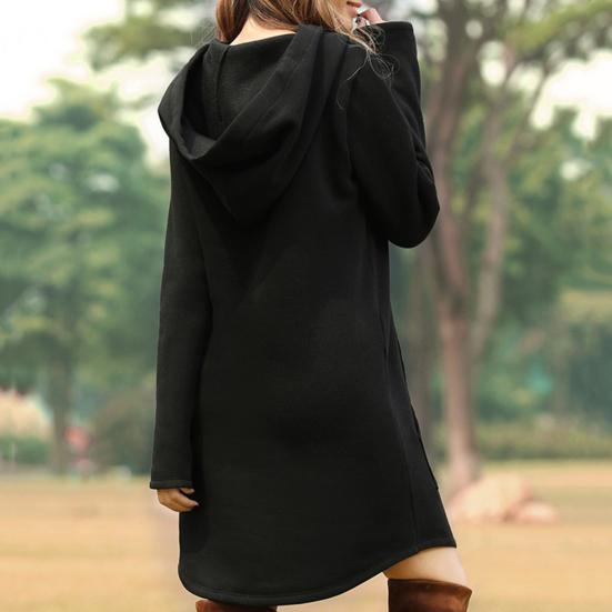 Long Hoodie Solid Color Drawstring Autumn Winter Large Pocket Irregular Hem Hooded Dress for Daily Wear