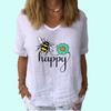 Women Fashion V Neck Short Sleeve Top Summer Casual Cotton Linen Shirt Ladies Print T-shirt