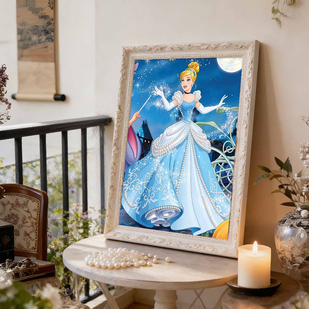

Moonlit Magic Cinderella Pearl-Inlaid Frameless Art | Handmade Pearl Craft, Moonlit Magic Theme, for Luxury Fairy Tale Home Decor & Gift Option 35x45cm