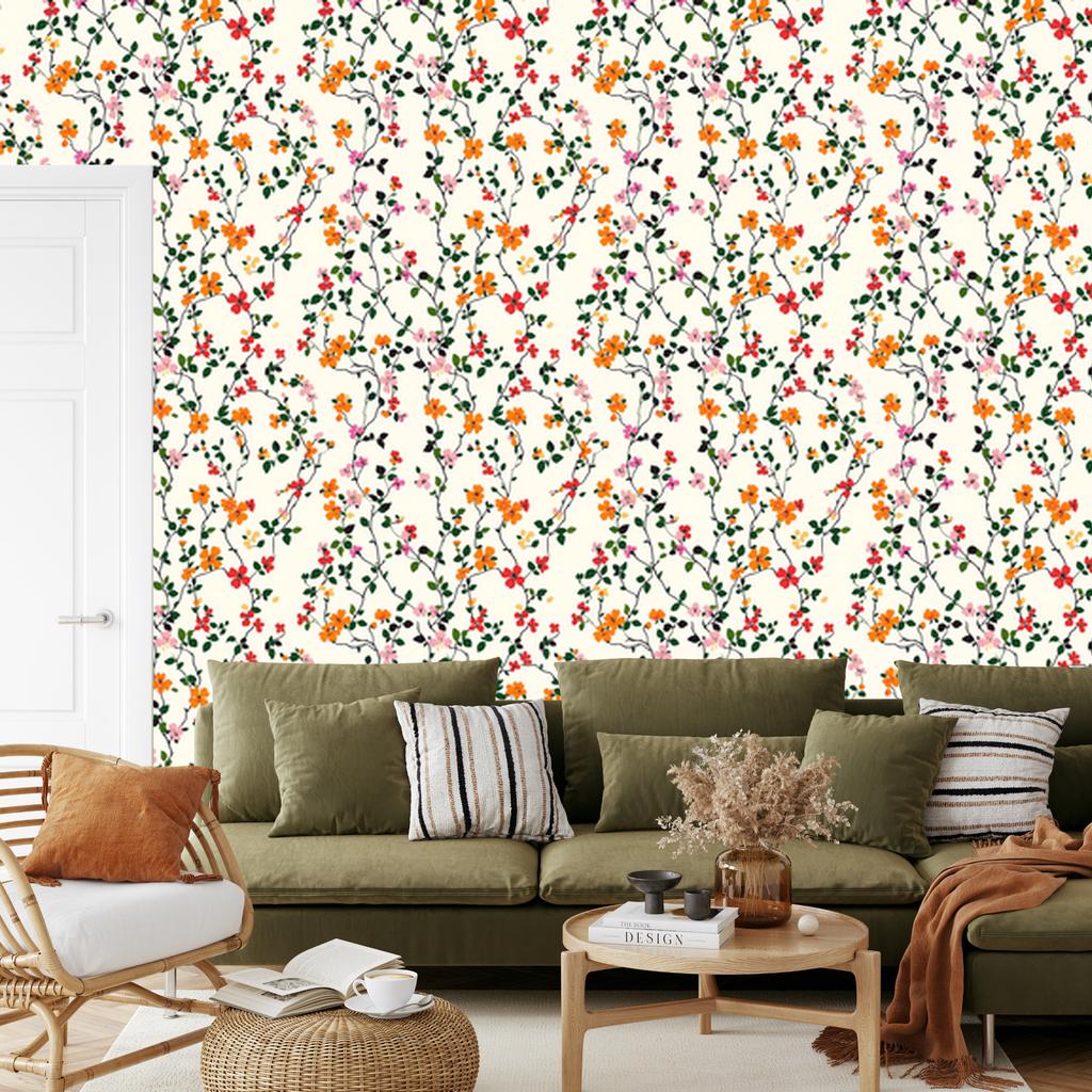 Wallpaper Small Flowers White, Light Gray and Cream 50x1000