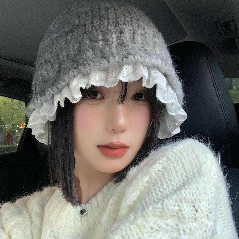 Lace Lace Knitted Hat Female Warm Sweet Versatile Face Small Wool Bucket Hat