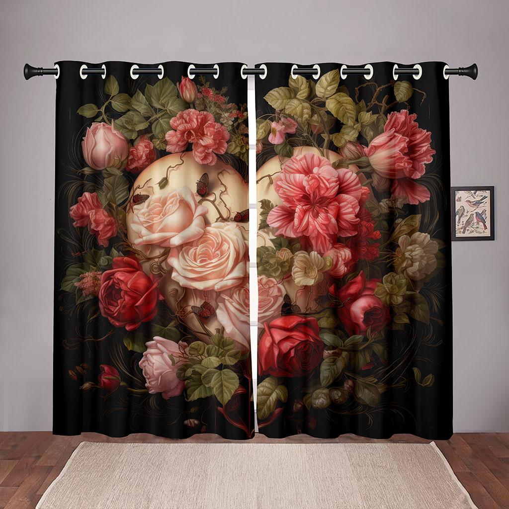 2 Piece Vintage Rose Love Heart Curtains Valentine's Day Red Floral Pattern Living Room Bedroom Kitchen Balcony Decor Curtains