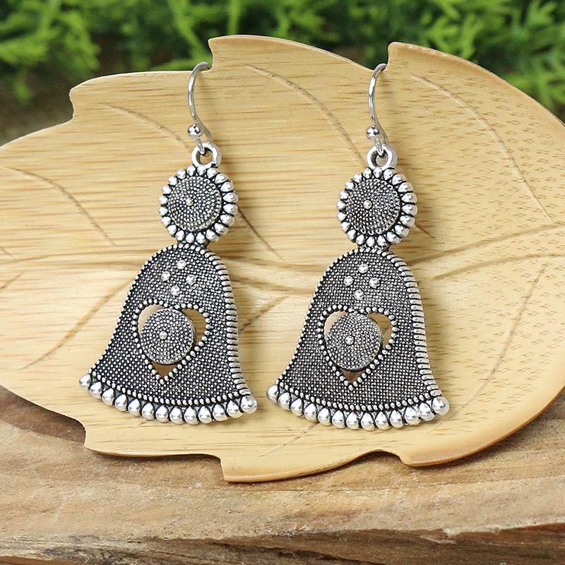 Vintage Ethnic Bohemian Ancient Copper Color Earrings For Women Geometric Hollow Bell Heart Retro Tribal Drop Zircon Earrings