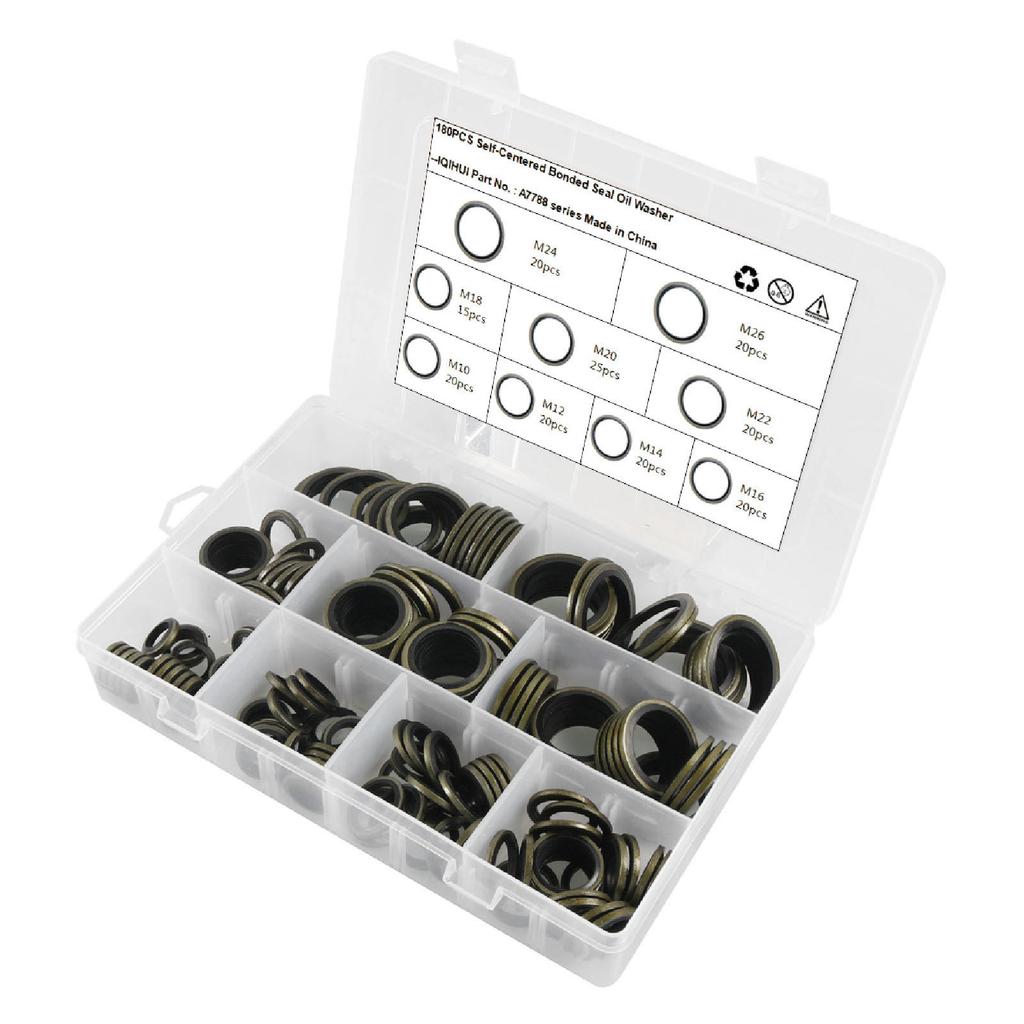 180Pcs Oil Seal Washer M10 12 14 16 18 20 22 24 26 Self Centered Bonded Seal Washer Oil Drain Plug Gasket