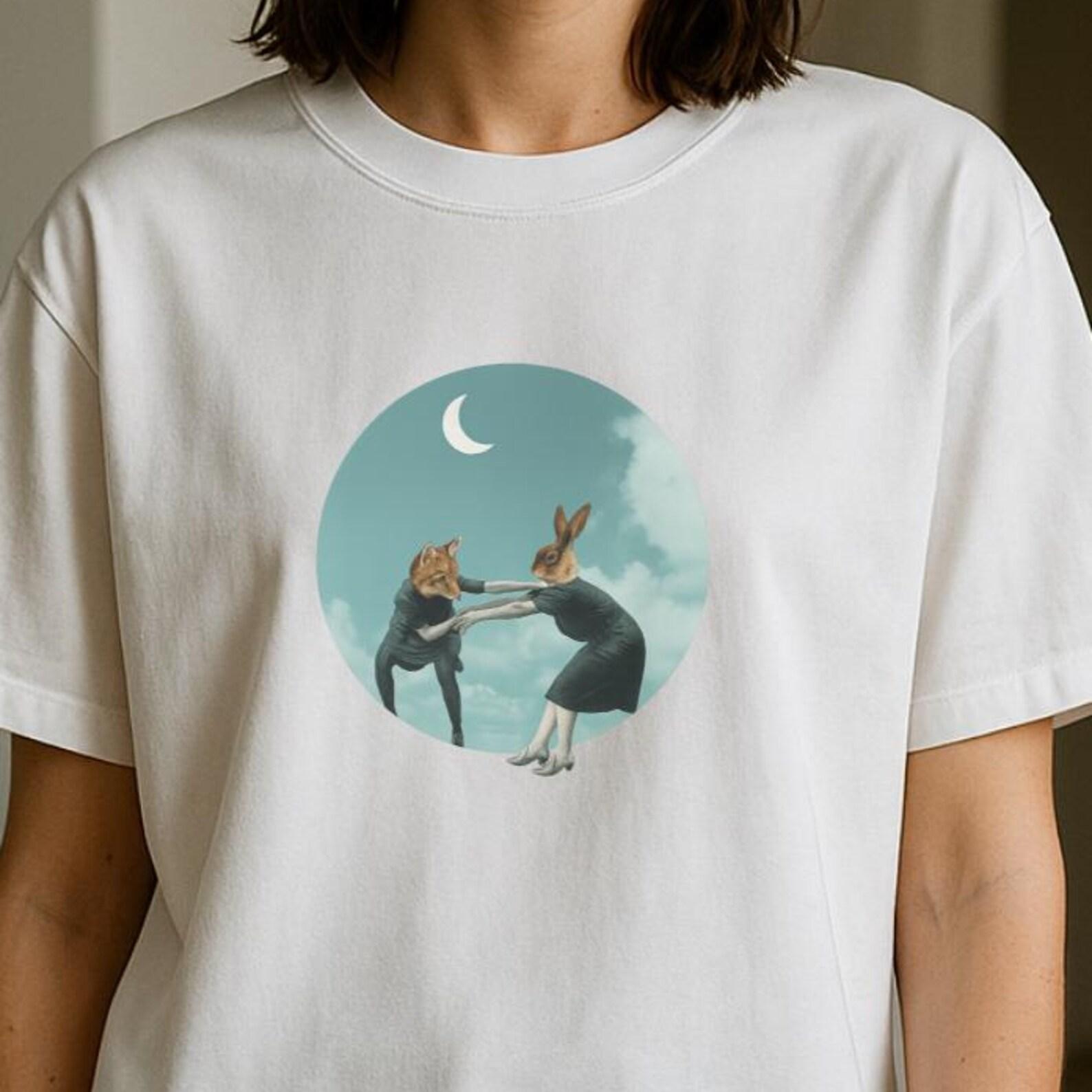 Surreal Fox and Rabbit Graphic Tee: Whimsical Animal Art Shirt 4XL