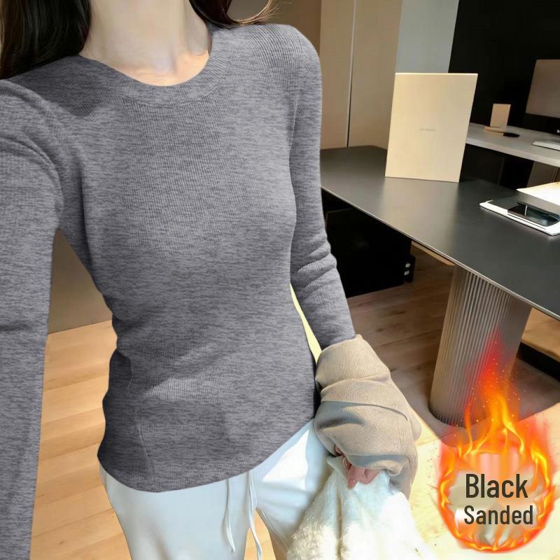 Women's Double-Sided Brushed Knit Base Layer Top - Solid Colors, Stylish Round Neck for 2026 Spring/Autumn