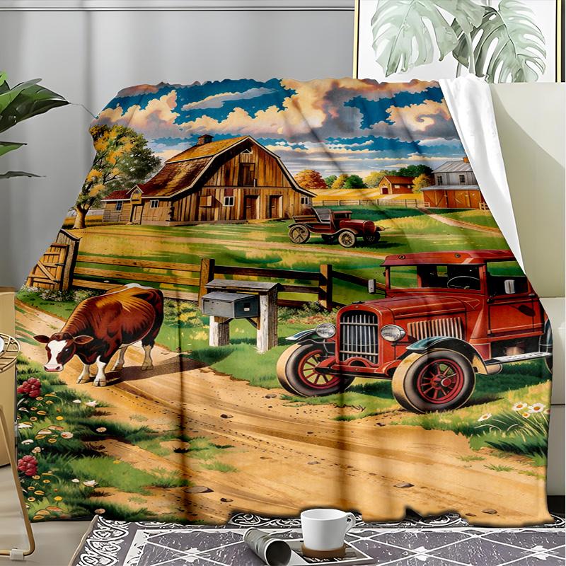 Farm Animals Countryside Scenery Fleece Printed Flannel Blanket, Warm Soft Throw Sofa Bed Blanket