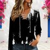 Women Plus Size V Neck Long Sleeve Printed Eyelet Chain Lace Up Top