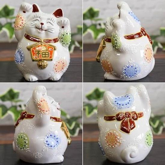 Waza no Kura cute beckoning cat ornament Kutani ware both hands raised ema white glaze feng shui good luck interior pottery Japanese style small items