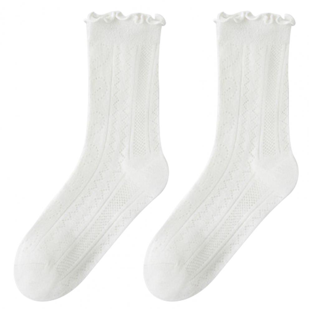 

1 пара женских летних носков средней длины с тонкими сборками и кружевом, противоскользящие, охлаждающие, однотонные, высокоэластичные, впитывающие пот, для взрослых, для дома One Size белый