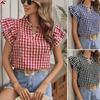 Damen S Niedliche Karierte Kurzarm Sommerbluse mit Rüschen