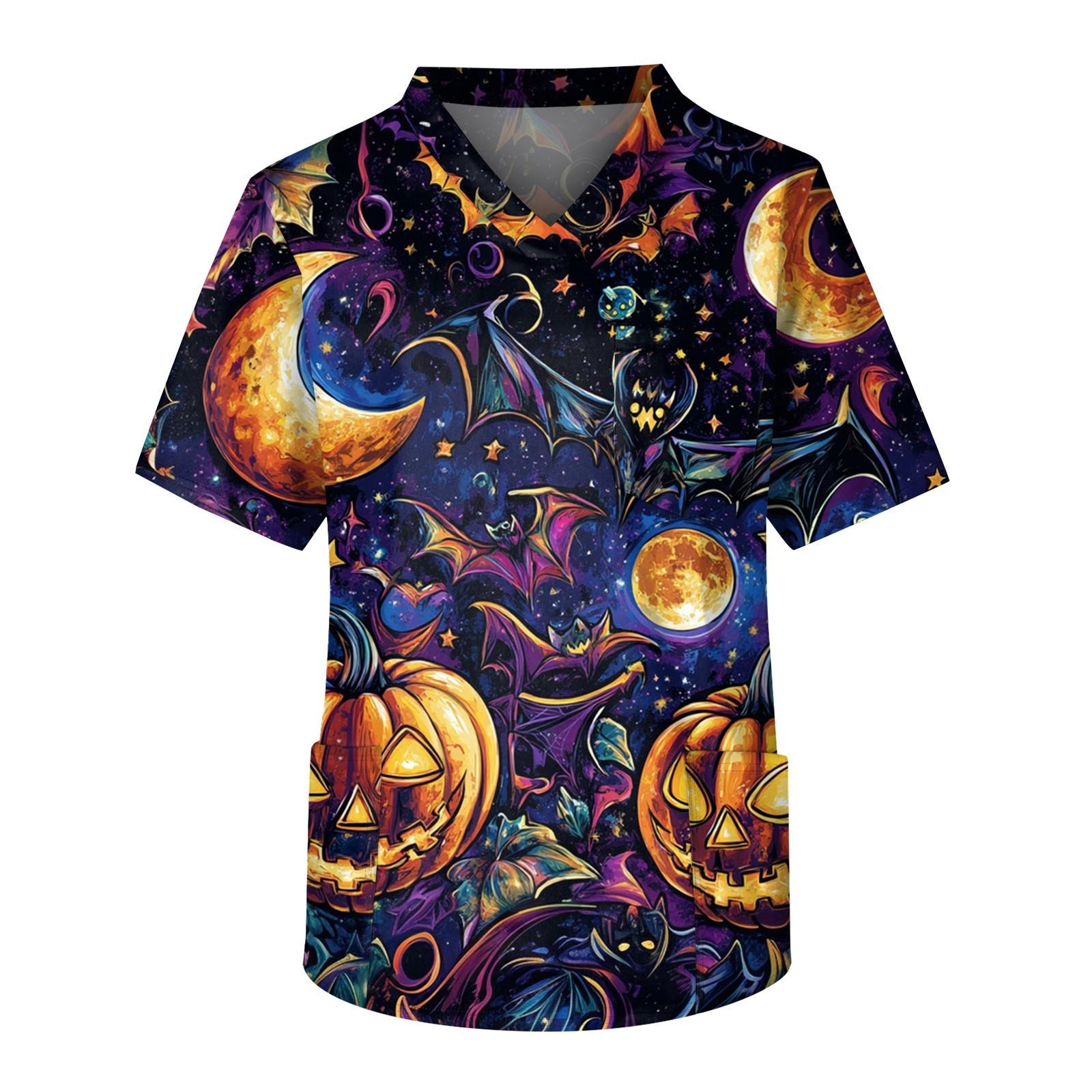 Мужской топ с короткими рукавами и v-образным вырезом на Хэллоуин с принтом на груди и карманом для ухода за кожей S