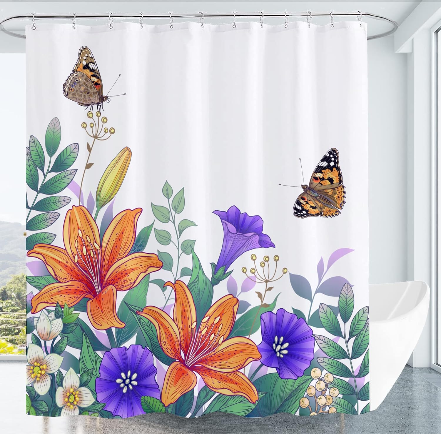 

Floral Shower Curtain Beautiful Watercolor Tropical Lily Butterfly Design Polyester Fabric Shower Curtain Including Hook W60H190(CM)-1 Pcs