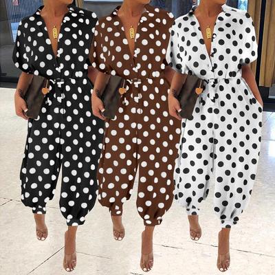 Plus Size Overalls Womens Short Sleeve Polka Dot Jumpsuit Casual Loose Lapel Collar Pockets Rompers Summer Harem Pants