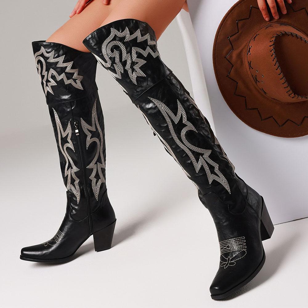 Wipon Women's Over The Knee Western Cowboy Chunky High Top Heel Square Toe Side Zipper Retro Leisure Dressy Cowgirl Us Cm