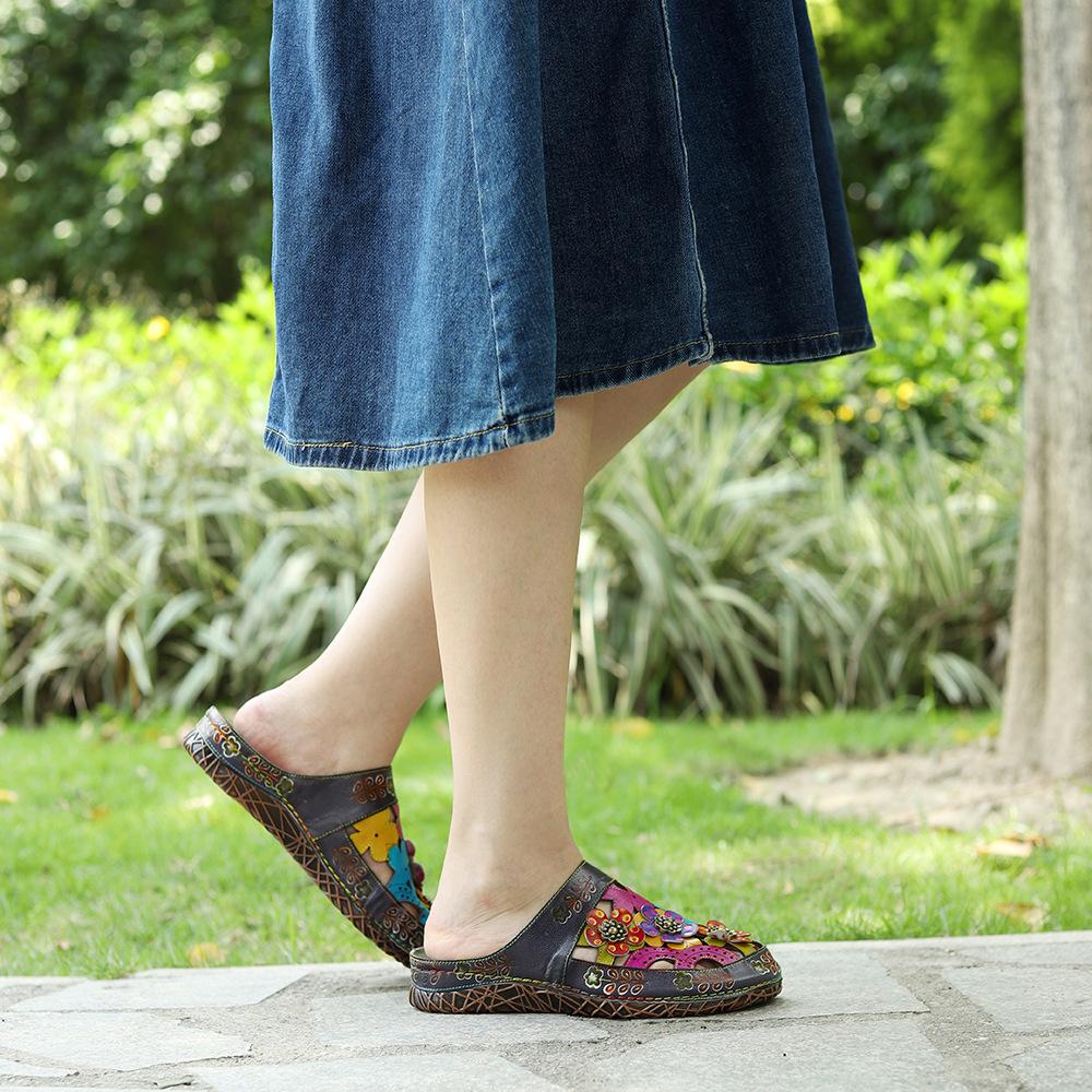 Johnature Pantofle Dámské Boty Pravá kůže Ručně malované Vnější skluzavky Ručně vyráběné květinové ploché sandály