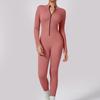 Womens High-Elastic Quick-Dry Ribbed Seamless Yoga Jumpsuit With Zipper Fit Sports Bodysuit