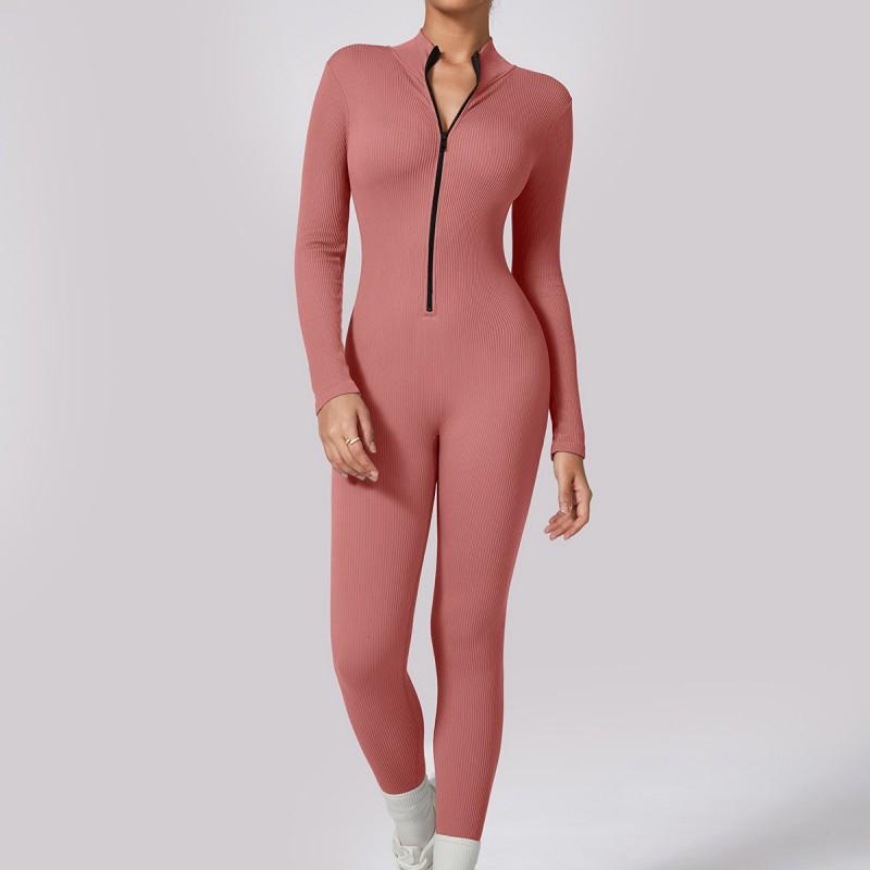 Womens High-Elastic Quick-Dry Ribbed Seamless Yoga Jumpsuit With Zipper Fit Sports Bodysuit