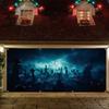 Halloween garage door banner background, full moon horror cemetery landscape with bats, polyester, holiday wall decoration
