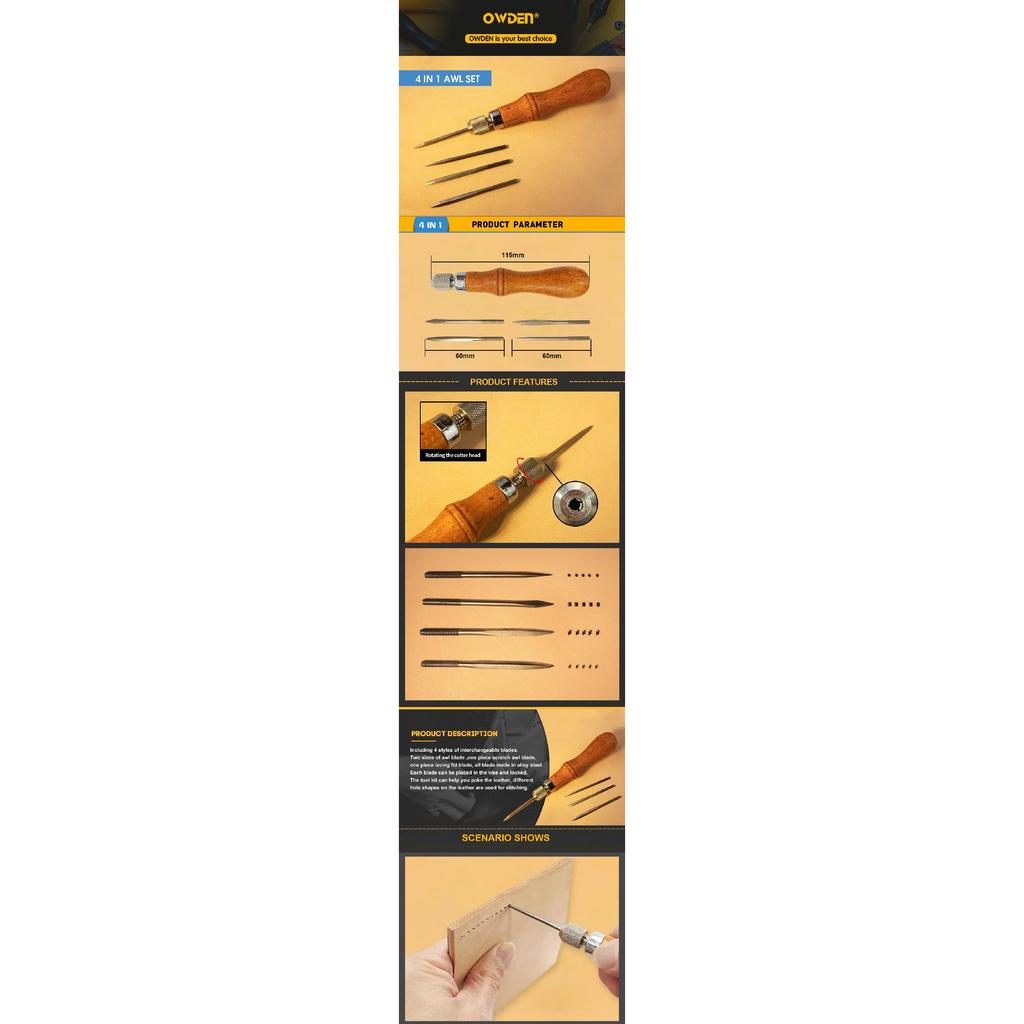 OWDEN Leather Awl Tool Set DIY Wood Handle Sewing Stitching Lacing Scratch Tool