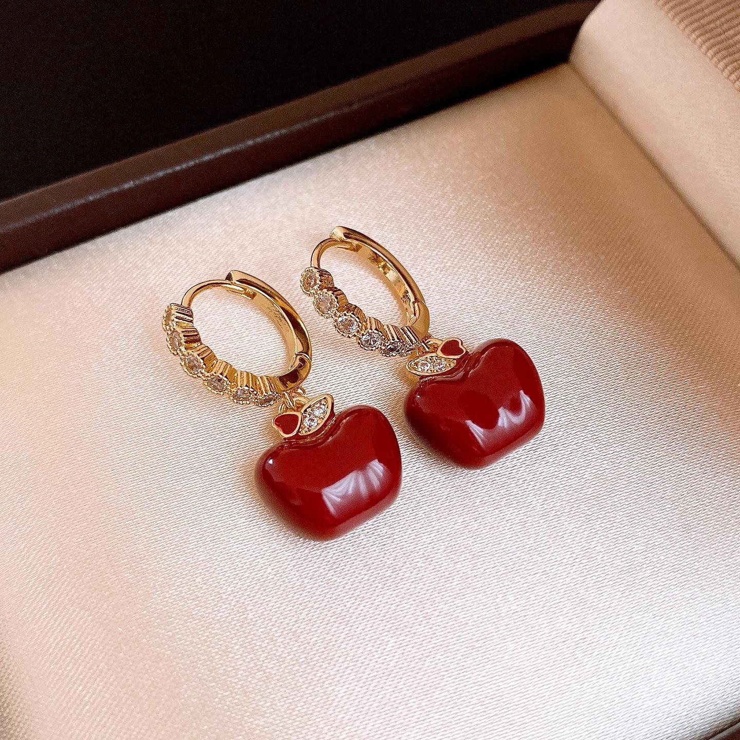 Серьги-гвоздики в форме красного яблока с эмалью, покрытые настоящим 18-каратным золотом, индивидуальные серьги.