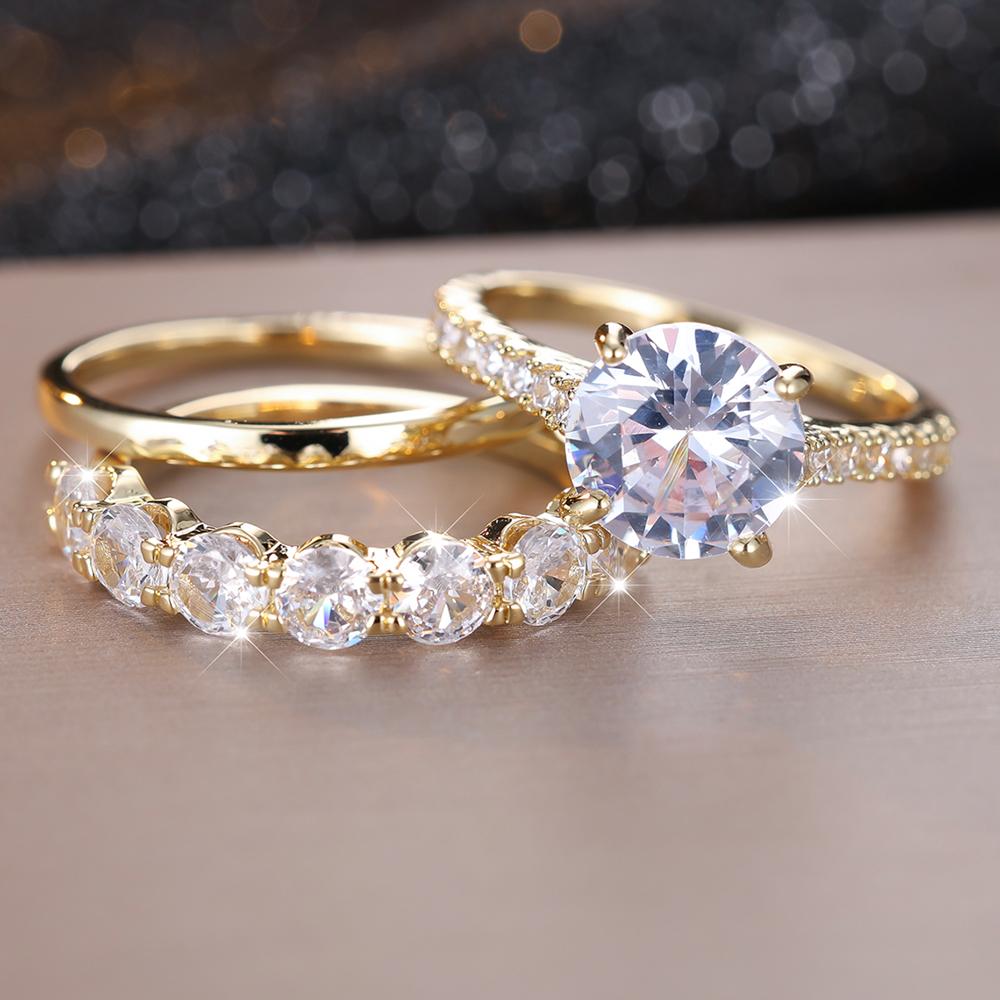 

Роскошные свадебные наборы тонких колец для женщин золотого цвета, круглые белые обручальные кольца с цирконом, вечерние ювелирные изделия на день матери, подарки 10 золотой