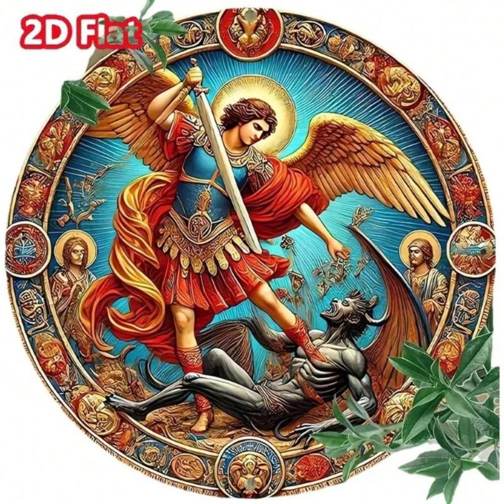 Flache Runde Metall Wanddekoration 2D Vintage Kunstwerk Erzengel Michael Dämon Aluminiumschild 8x8 Zoll