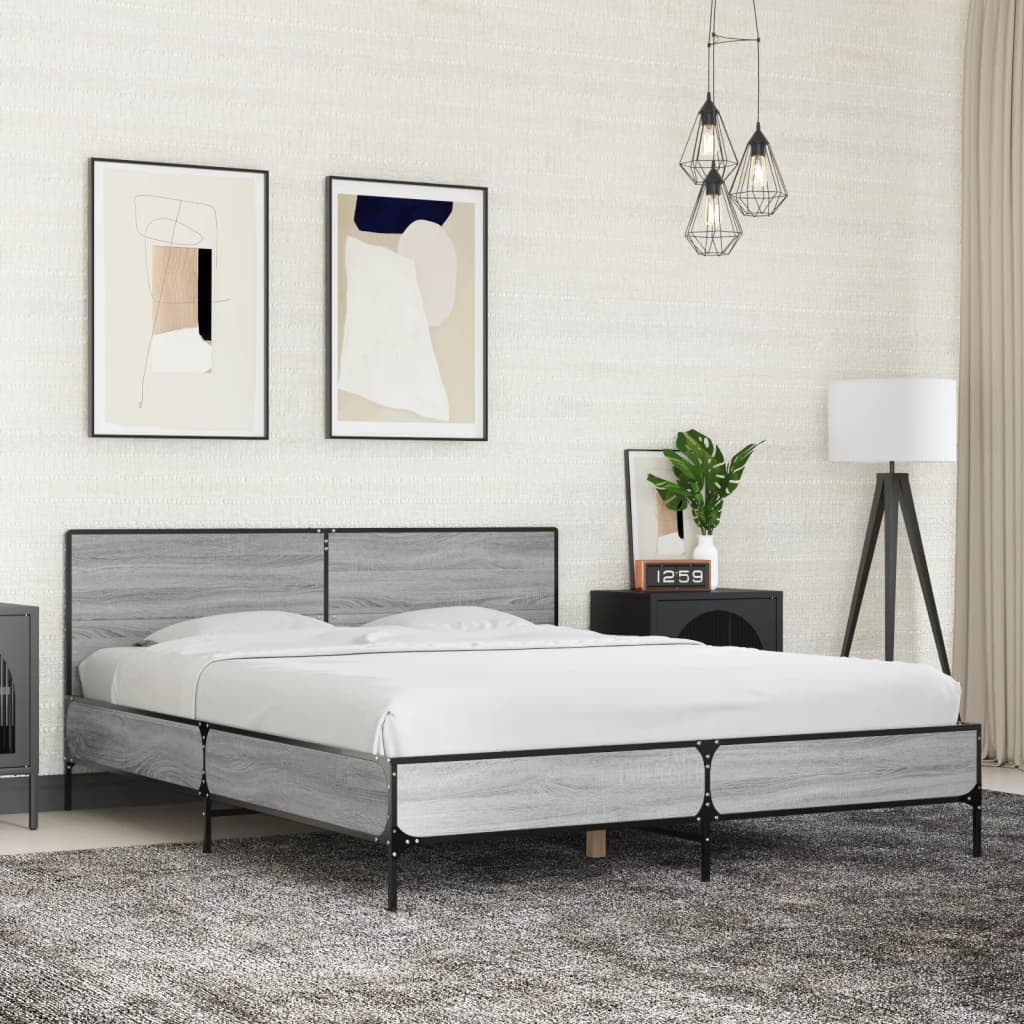 Bed Frame Grey Sonoma 160 x 200 cm Particleboard and Metal