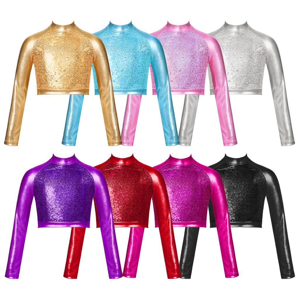 Kids Girls High Neck Glitter Crop Top Metallic Long Sleeve T-Shirt Ballet Dance Leotard Gymnastics Performance