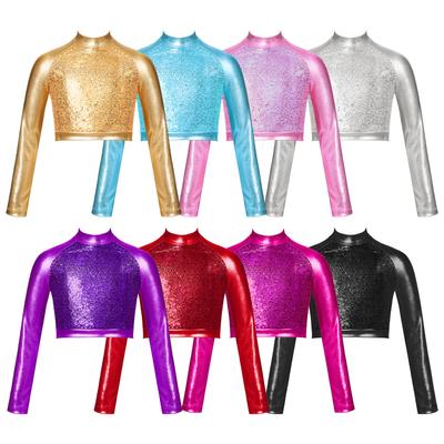 Barn Flickor Paljetter Shiny Crop Top Långärmad Mock Neck Athletic Shirts Jazz Hip-hop Dans Toppar