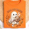 Boo and Brew Ghost Coffee T-shirt, Cute Fall Halloween Tee, Unisex, Soft Cotton Blend
