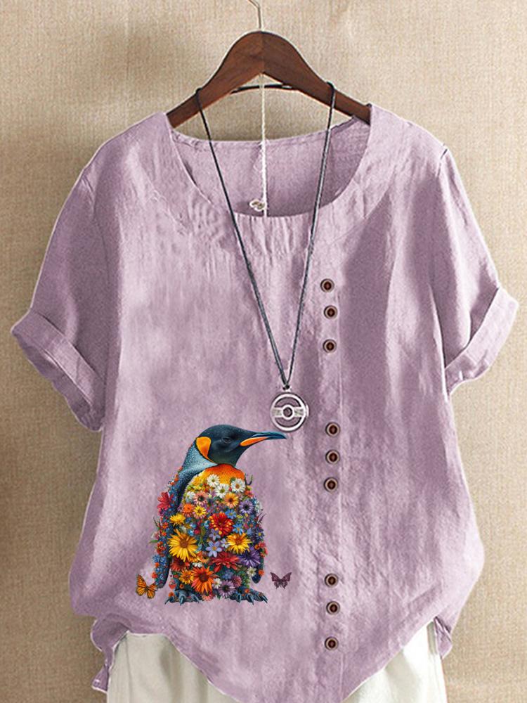 Women's Fashion Penguin Floral Print Round Neck Short Sleeve T-shirt Casual Cotton Linen Graphic Shirt Leisure Loose Summer Blouse Tops