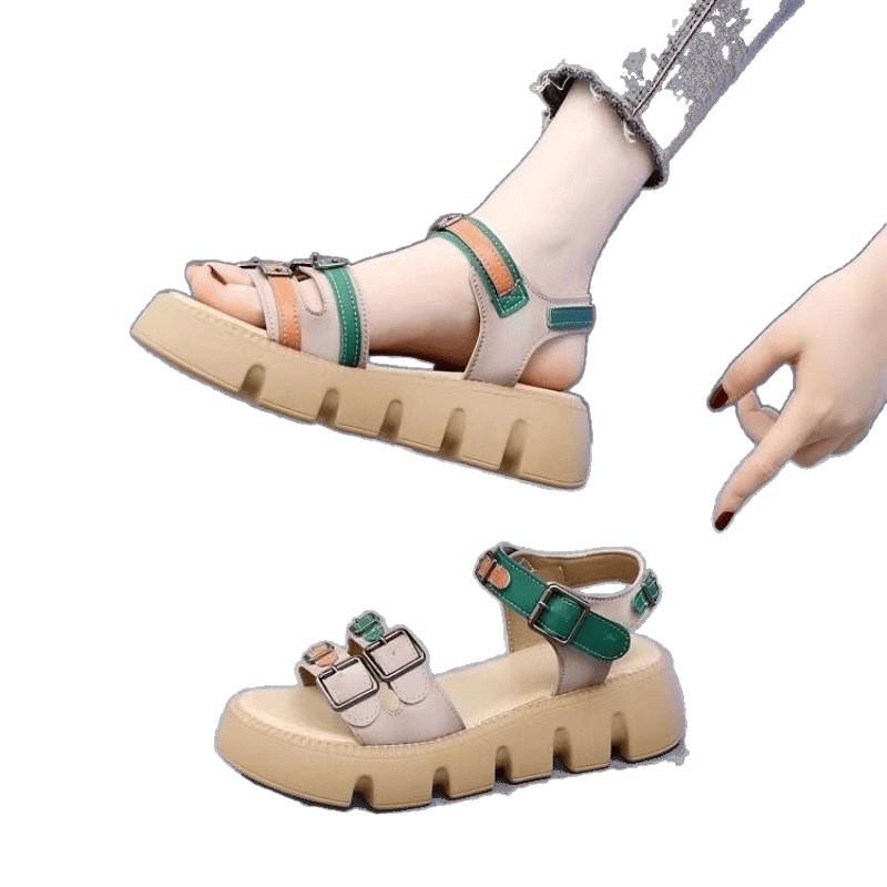 Vintage platform sandals female 2025 summer new fairy style soft leather muffin Internet celebrity fashion skirt Roman shoes