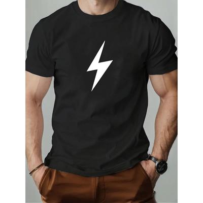 Men'S Casual Crew Neck T-Shirt with Lightning Bolt Design, Slight Stretch, Solid Color, Regular Fit, Perfect for Summer