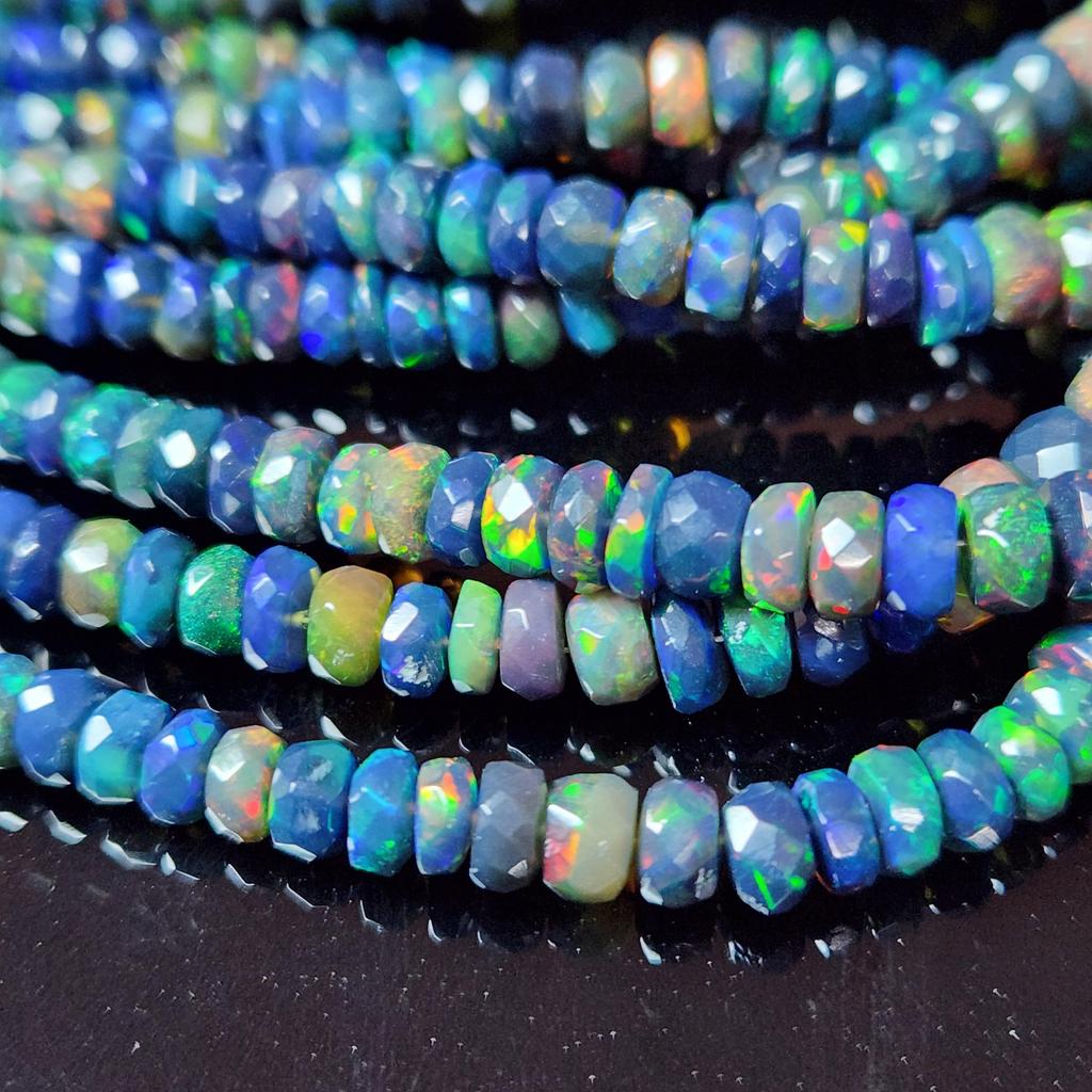 Faceted Rainbow Flashy Rondell Ethiopian Opal Beads, Healing Black Faceted Strand.