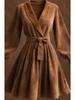 2026 Camel Suede Lapel Lace-up Short Coat Dress - European & American Retro Bathrobe Style