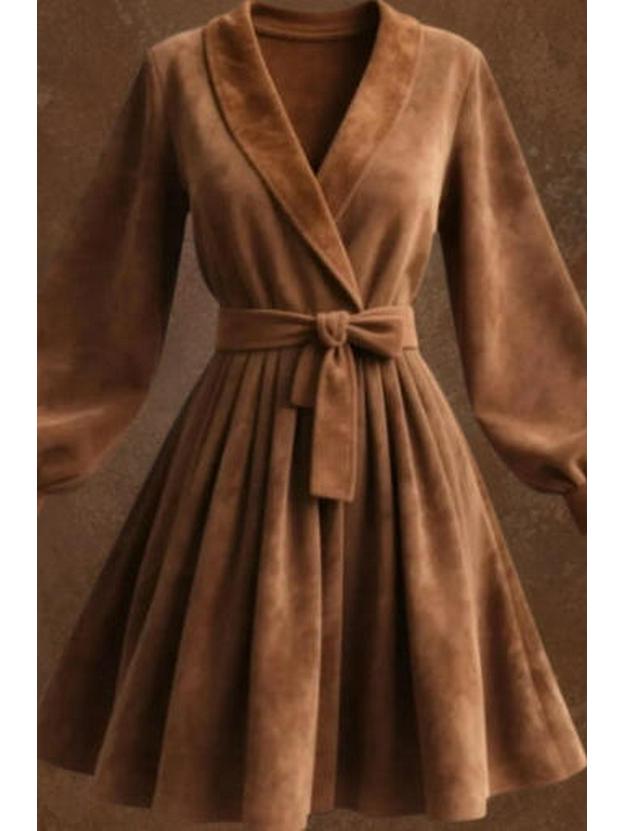 2026 Camel Suede Lapel Lace-up Short Coat Dress - European & American Retro Bathrobe Style