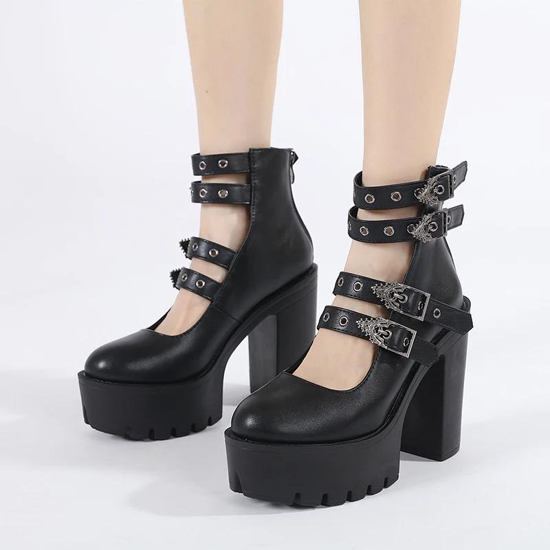 Fashion Women Block Heels for Halloween Fashion Buckle Strap Dress Pumps Platform Mary Jane Shoes Stylish Back Zipper
