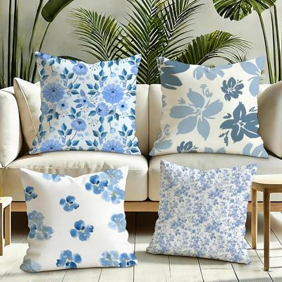 Elegant Blue Floral Cushion Cover Silky Short Plush Invisible Zipper Dustproof Sofa Pillow Case for Home Decor