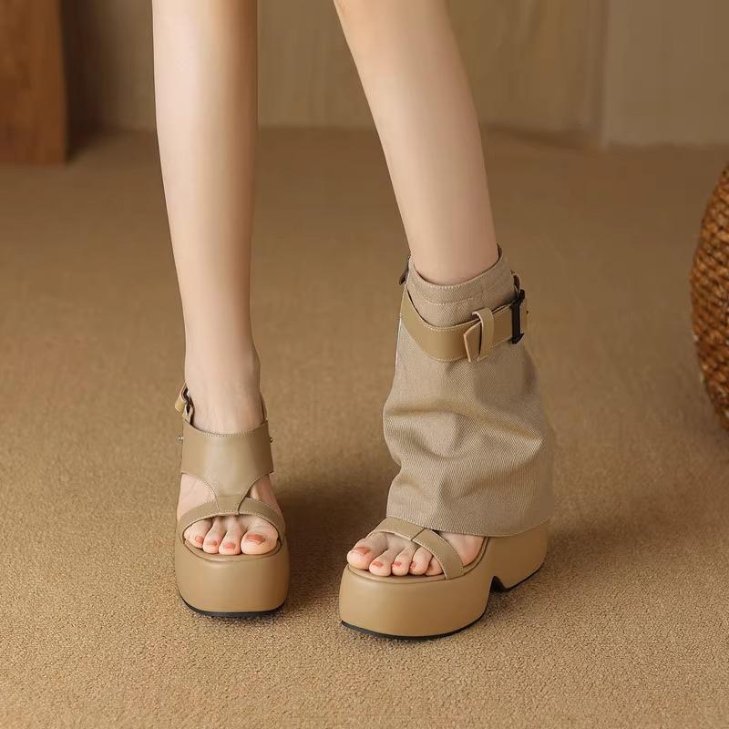 Pants Boots Women's Summer New Short Boots 12cm Height Increase Small Thick-soled Slope High-heeled Muffin Leather Roman Sandals