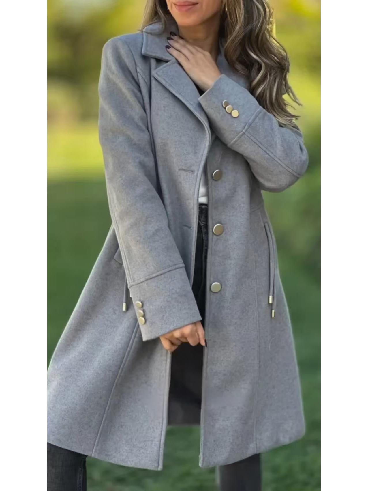 

2025 Autumn/Winter Mid-Length Wool Coat: European & American Fashion, Casual Solid Color, Drawstring Trench Coat L