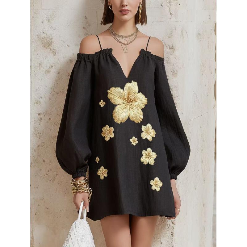 European and American New Elegant Flower Lantern Sleeve Short Dress