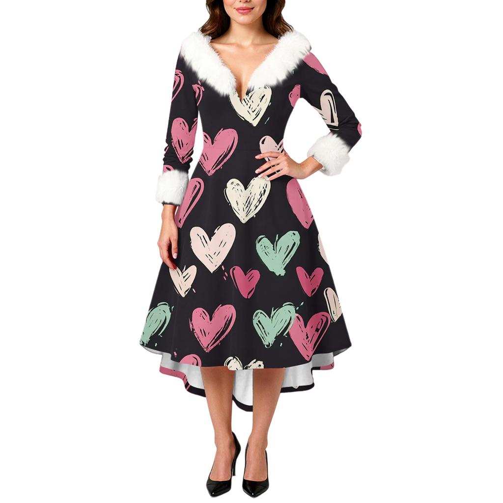 Damen stilvolles und elegantes langärmeliges V-Ausschnitt Kleid mit Valentinstags-Herzprint