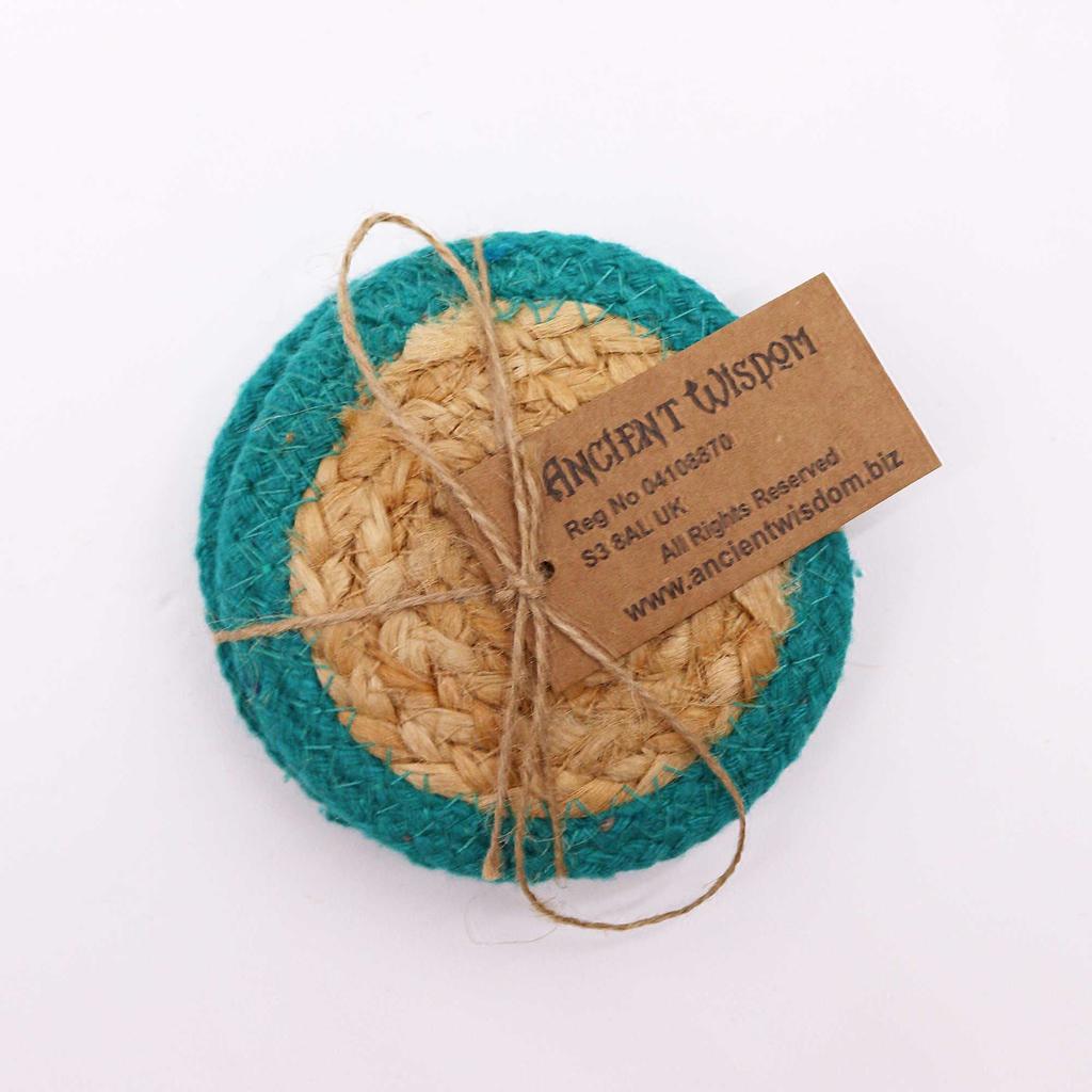Jute Cotton Coasters Set of 4 Teal Border