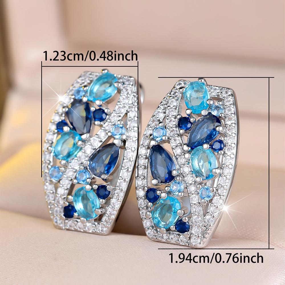 Colorful White Blue Zircon Clip Earrings for Women Silver Color Wedding Party Jewelry Gifts