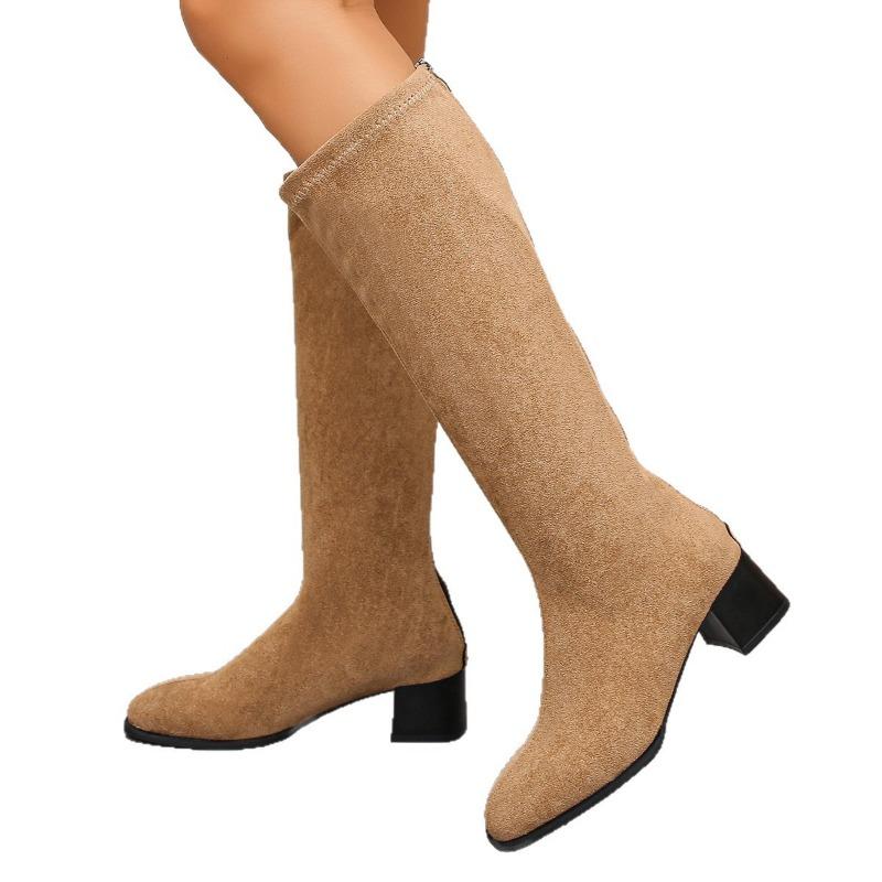 Autumn and Winter New Suede Round Head Thick Heel Back Zipper Fashion High Boots Women's High Heels But Knee Thin Women's Boots