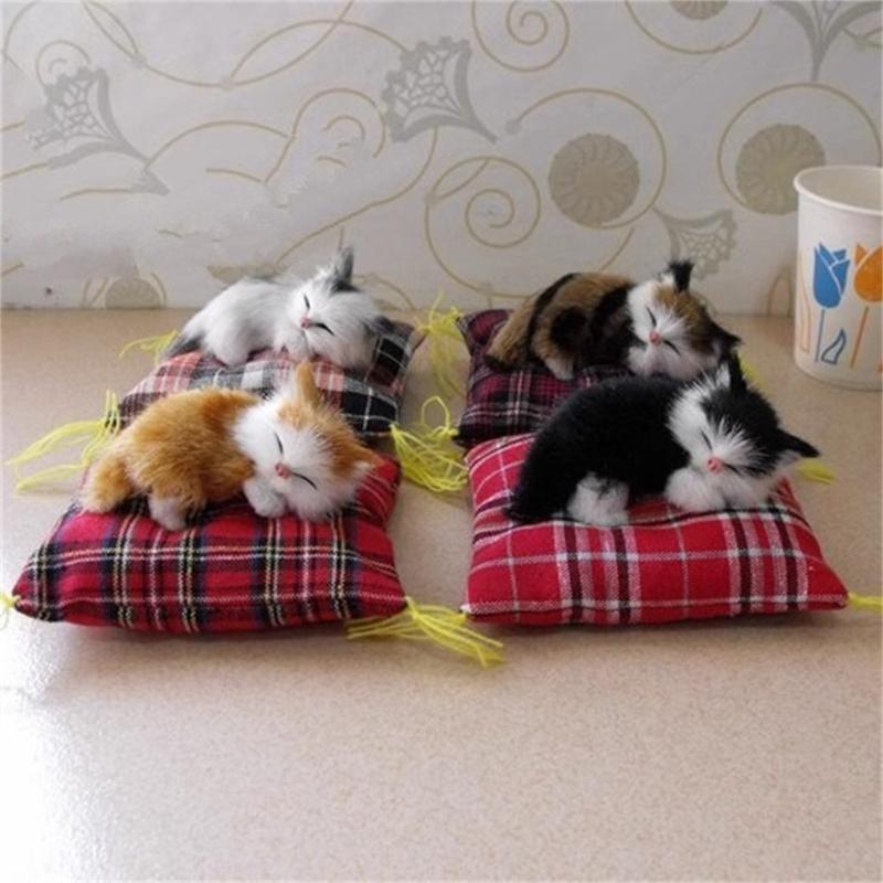 Realistic Sleep Cats Doll Plush Furry Animal Statue with Soft Mat Bed Stuffed Pet Doll for Kids Adults Birthday Gift