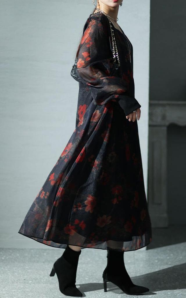 Guldfärgad Japan Plus Size Lång Fyrkantig Blommig Damklänning, Ärmar, Halsringning, Mönster, Organza, Utsvängd, Fodrad, Höst/Vinter, Vår, 4L-5L, Svart, nw-23038