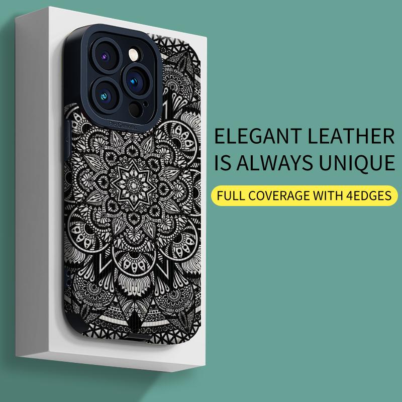 Vertical Grain Leather Shell Mandala Printed Patterned Shockproof Soft Silicone Case with Camera Lens Full Protection for iPhone