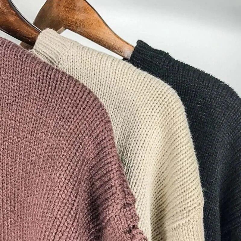 Khaki-zerrissener, lockerer Pullover, Strickpullover, Ausschnitt, Bettler, Rundhalsausschnitt, lange Ärmel, einfach, lässig, für Männer und Frauen, Frühling und Herbst